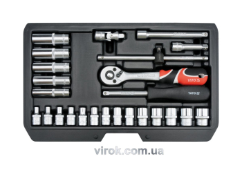 Набір головок торцевих YATO : CrV, квадрат 1/4", M 3.5-13 мм з інструментами. 25 шт. [10]