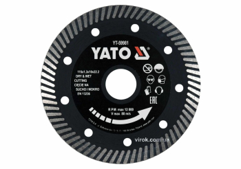 Диск відрізний алмазний по гресу,кераміці "TURBO" YATO Ø=115x1.3x10x22.2мм,в мокрому і сухому режимі