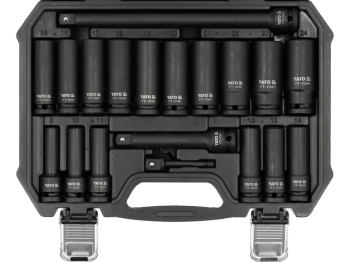 Набір головок торцевих ударних 6-гран. YATO подовжені, квадрат 1/2", М= 8- 24 мм, 16 шт. і 3 подовжу