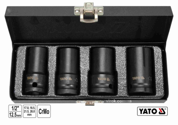Торцеві головки ударні для зриву гвинтів YATO: квадрат-1/2", L=55мм; М17, 18.5, 21.5, 26 мм, 4шт[10]