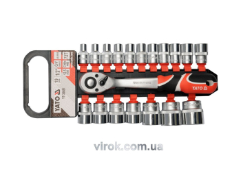 Набір головок торцевих YATO : квадрат 1/2", М8-32 мм, L= 38 мм, з тріщаткою. 19 шт. [3/6/216]