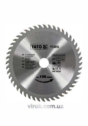 Диск пиляльний победітовий по дереву YATO: 160x20x2.8x2.0 мм, 48 зубців, R.P.M до 9500 1/хв [25/50]