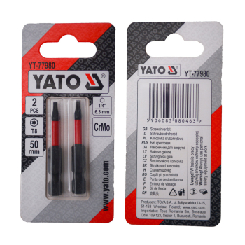 Насадка викруткова YATO TORX T8 х 50 мм. HEX 1/4", хром-молібден, 2 шт.