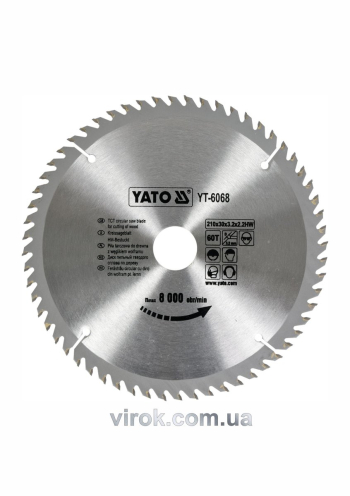 Диск пиляльний победітовий по дереву YATO: 210х30x3.2x2.2 мм, 60 зубців, R.P.M. до 8000 1/хв [10/20]
