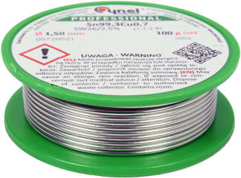 Припій без свинцю CYNEL : Ø1,5 мм, Sn99,3-Cu0,7 дротяний на котушці з флюсом m= 100 г [30]