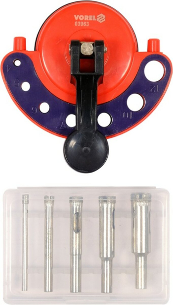 Шаблон для свердління в плитці  VOREL: зі свердлами Ø 4- 12 мм, l= 55 мм і присоскою [12/36]